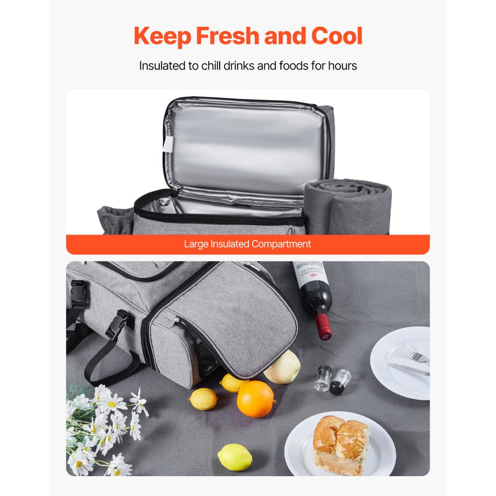 VEVOR Beach Picnic Backpack Bag for 4 Person with Cooler Compartment Grey
