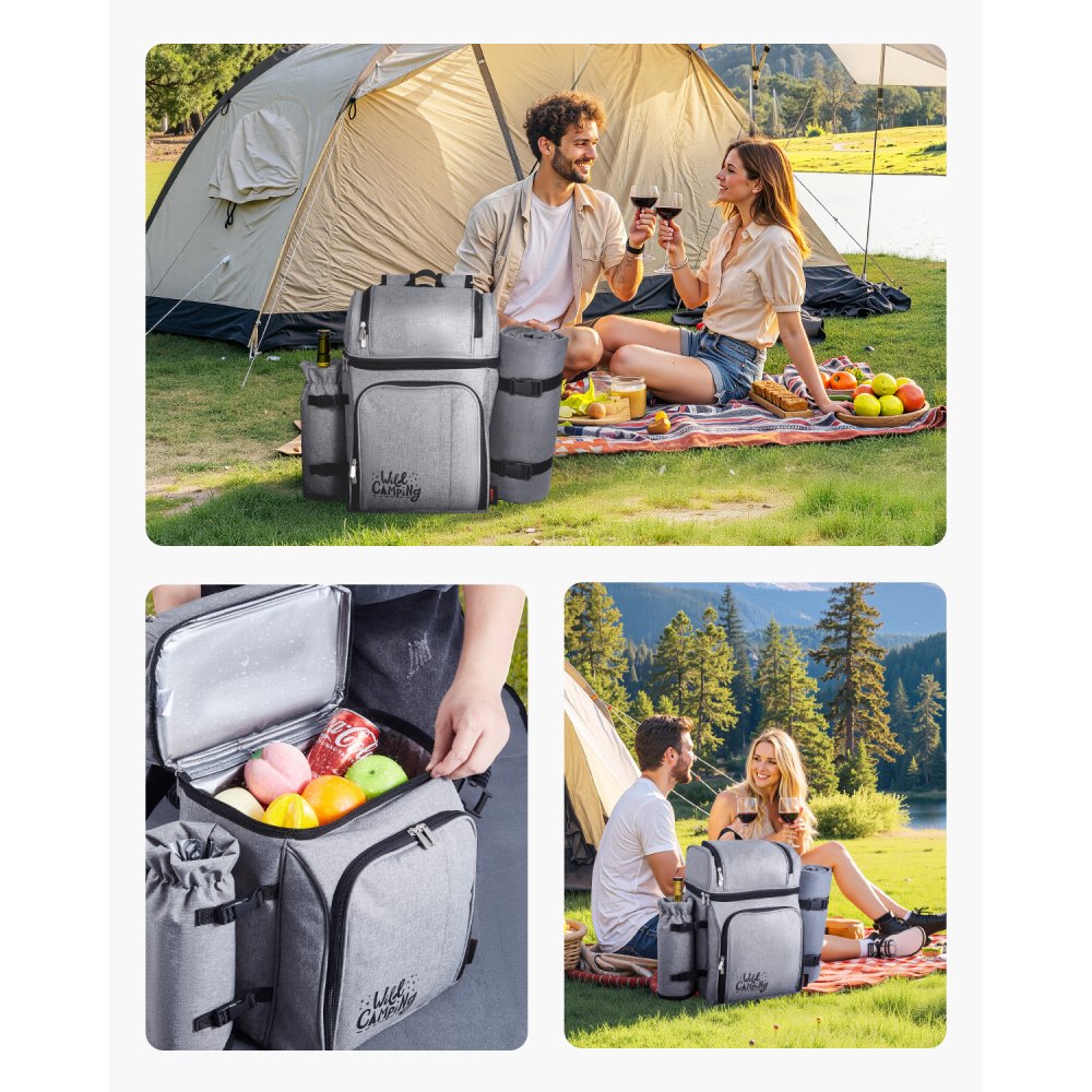 VEVOR Beach Picnic Backpack Bag for 4 Person with Cooler Compartment Grey