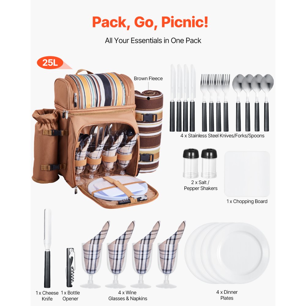 VEVOR Beach Picnic Backpack Bag for 4 Person with Cooler Compartment Brown