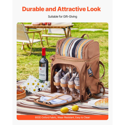 VEVOR Beach Picnic Backpack Bag for 4 Person with Cooler Compartment Brown