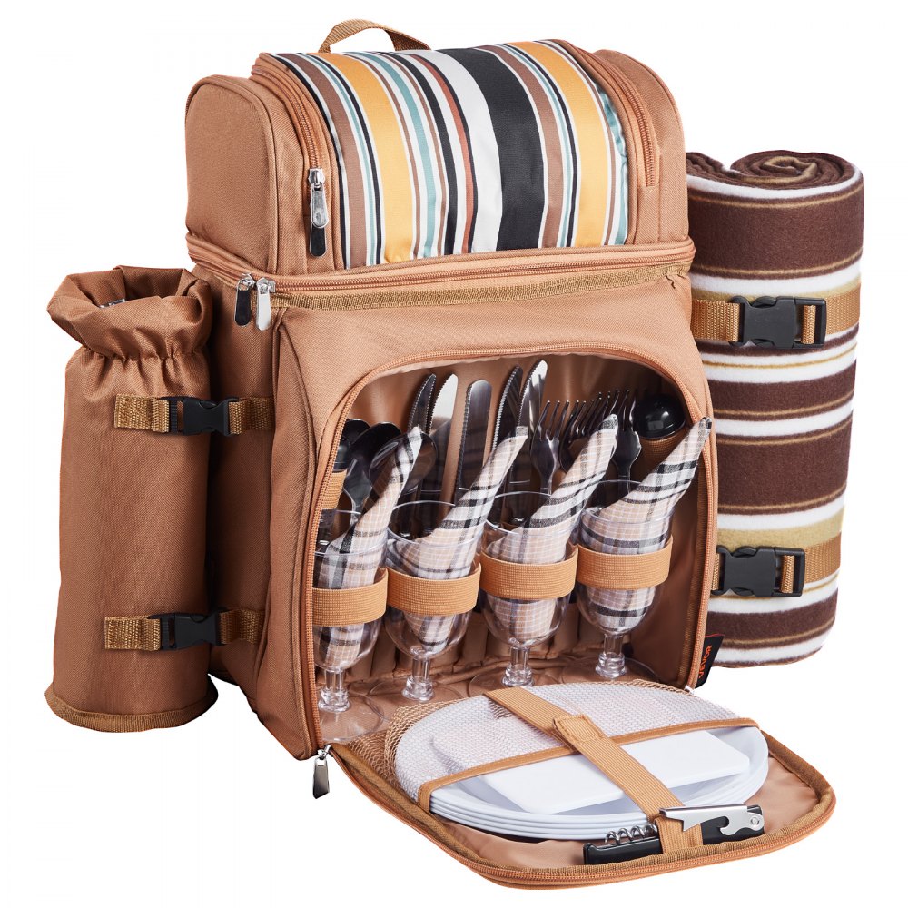 VEVOR Beach Picnic Backpack Bag for 4 Person with Cooler Compartment Brown