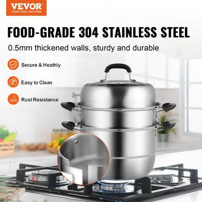 3-Layer Stainless Steel Steamer Pot Set, 28cm, 8.5QT for Gas & Electric Stoves