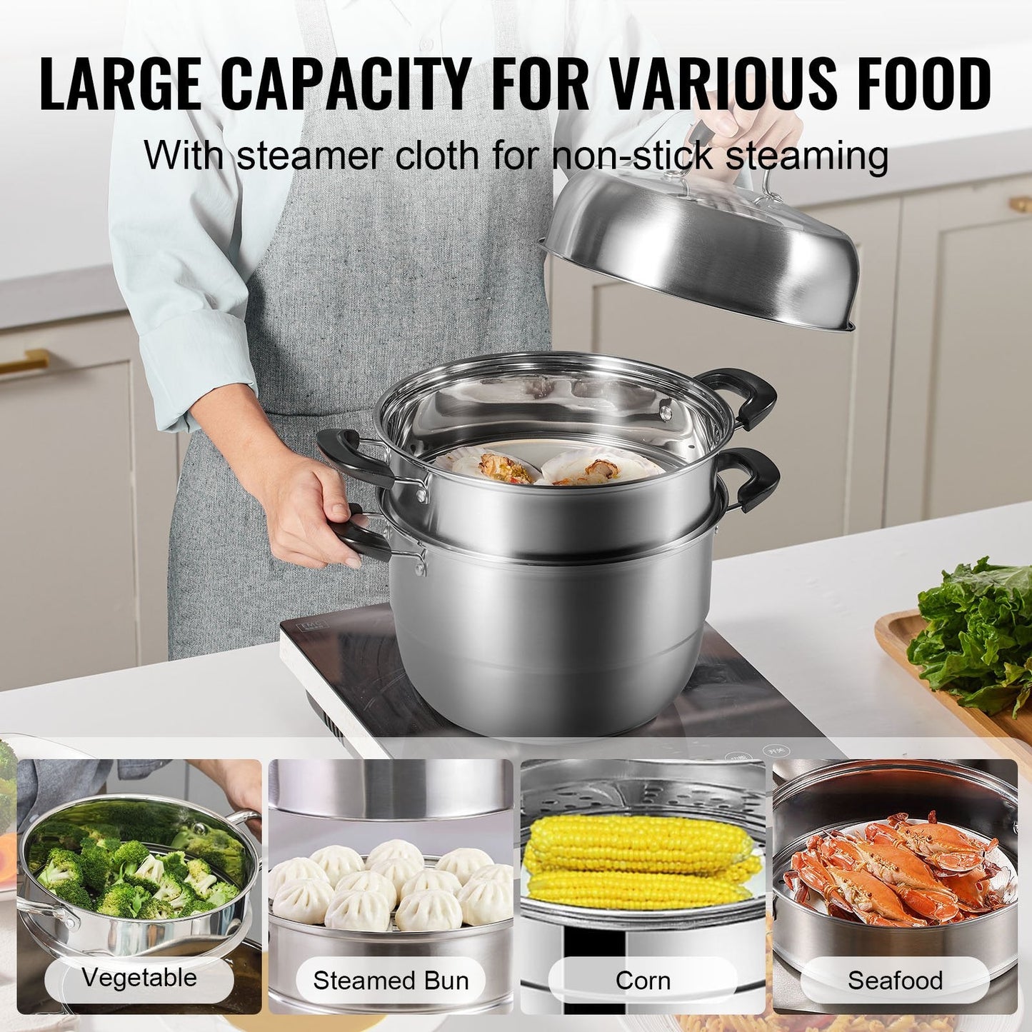 3-Layer Stainless Steel Steamer Pot Set, 28cm, 8.5QT for Gas & Electric Stoves