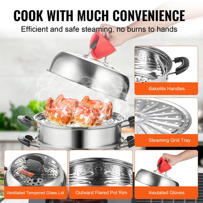3-Layer Stainless Steel Steamer Pot Set, 28cm, 8.5QT for Gas & Electric Stoves
