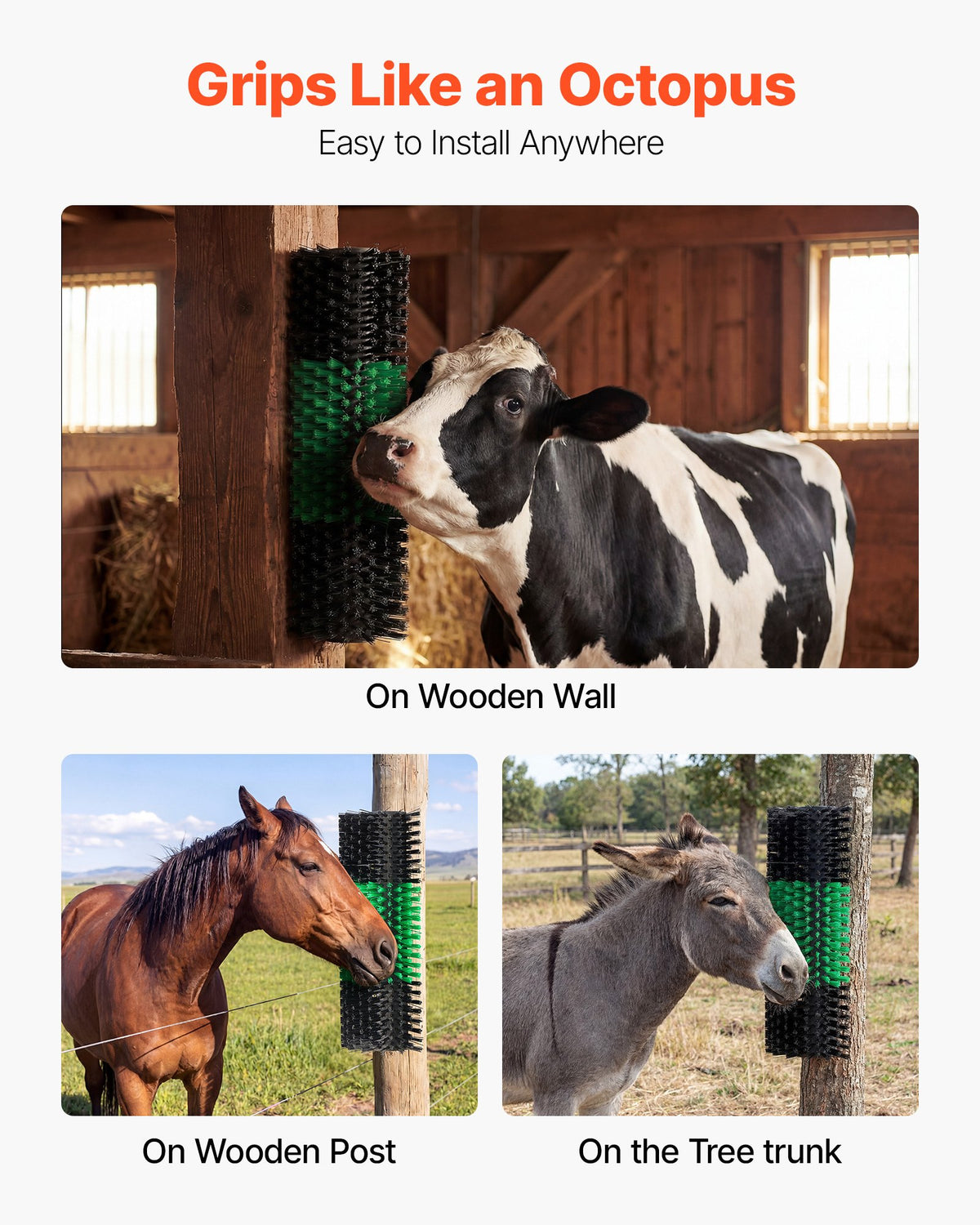 Livestock Scratching Brush, 1PC Goat Scratcher Brush Post with 4 Screws, 430 x 190 mm Cow Scratcher for Back Itch Relief, Massage Grooming Scratch Tool for Horse Cattle Sheep Pig, Green & Black