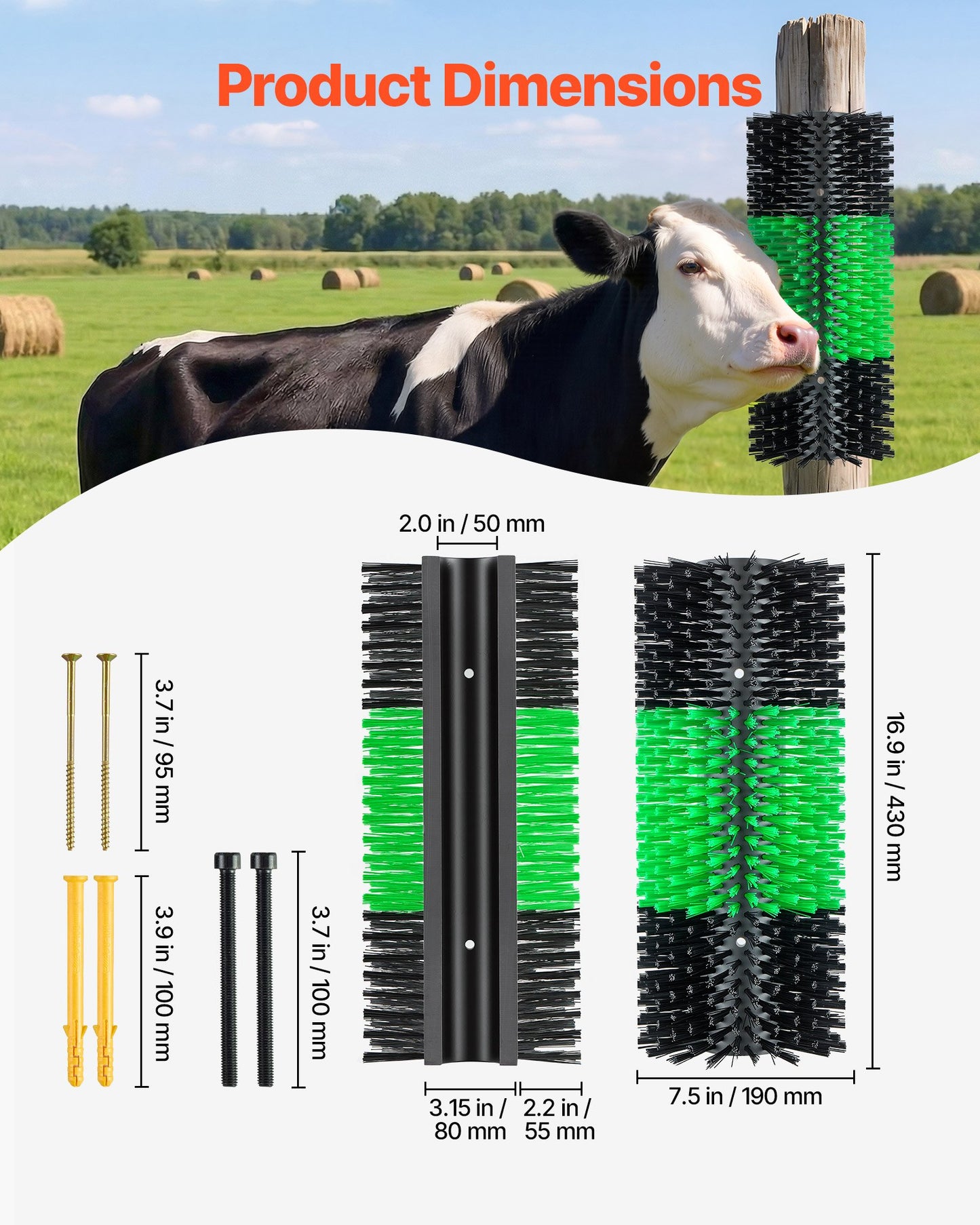 Livestock Scratching Brush, 1PC Goat Scratcher Brush Post with 4 Screws, 430 x 190 mm Cow Scratcher for Back Itch Relief, Massage Grooming Scratch Tool for Horse Cattle Sheep Pig, Green & Black