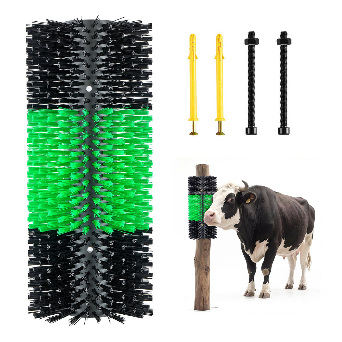 Livestock Scratching Brush, 1PC Goat Scratcher Brush Post with 4 Screws, 430 x 190 mm Cow Scratcher for Back Itch Relief, Massage Grooming Scratch Tool for Horse Cattle Sheep Pig, Green & Black
