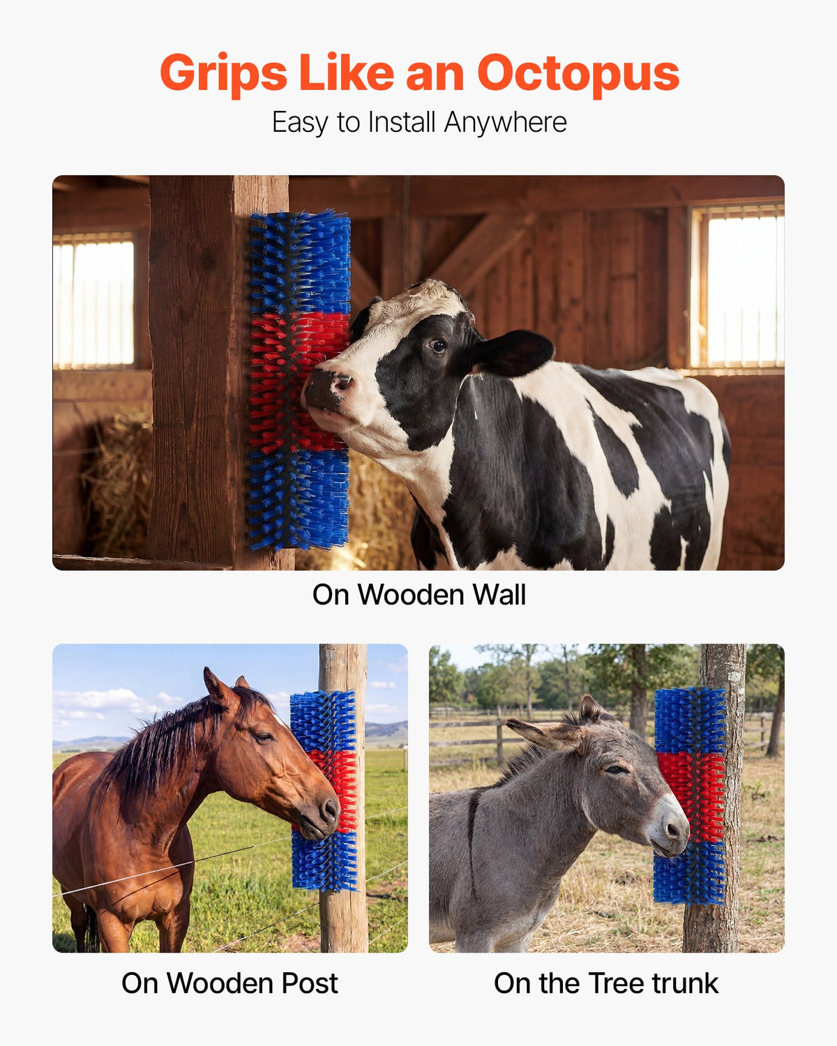 Livestock Scratching Brush, 2PCS Goat Scratcher Brush Post with 8 Screws, 430 x 190 mm Cow Scratcher for Back Itch Relief, Massage Grooming Scratch Tool for Horse Cattle Sheep Pig, Blue & Red