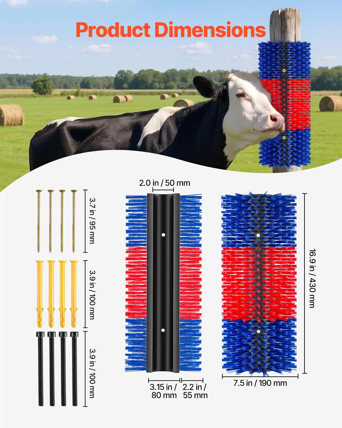 Livestock Scratching Brush, 2PCS Goat Scratcher Brush Post with 8 Screws, 430 x 190 mm Cow Scratcher for Back Itch Relief, Massage Grooming Scratch Tool for Horse Cattle Sheep Pig, Blue & Red