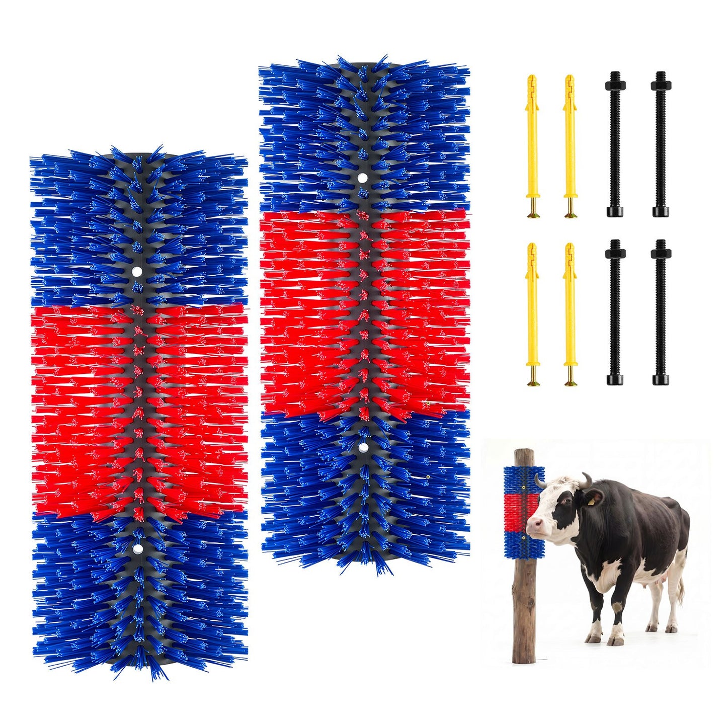Livestock Scratching Brush, 2PCS Goat Scratcher Brush Post with 8 Screws, 430 x 190 mm Cow Scratcher for Back Itch Relief, Massage Grooming Scratch Tool for Horse Cattle Sheep Pig, Blue & Red