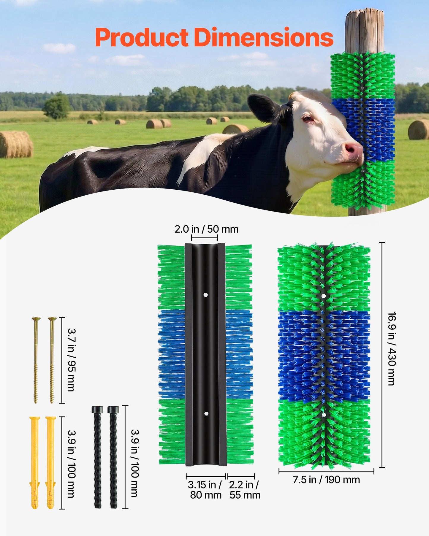 Livestock Scratching Brush, 1PC Goat Scratcher Brush Post with 4 Screws, 430 x 190 mm Cow Scratcher for Back Itch Relief, Massage Grooming Scratch Tool for Horse Cattle Sheep Pig, Green & Blue