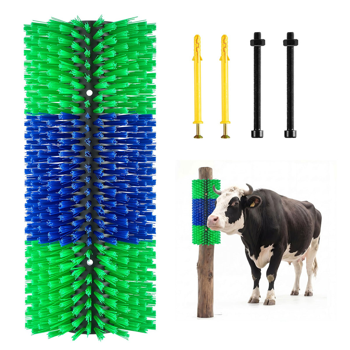 Livestock Scratching Brush, 1PC Goat Scratcher Brush Post with 4 Screws, 430 x 190 mm Cow Scratcher for Back Itch Relief, Massage Grooming Scratch Tool for Horse Cattle Sheep Pig, Green & Blue