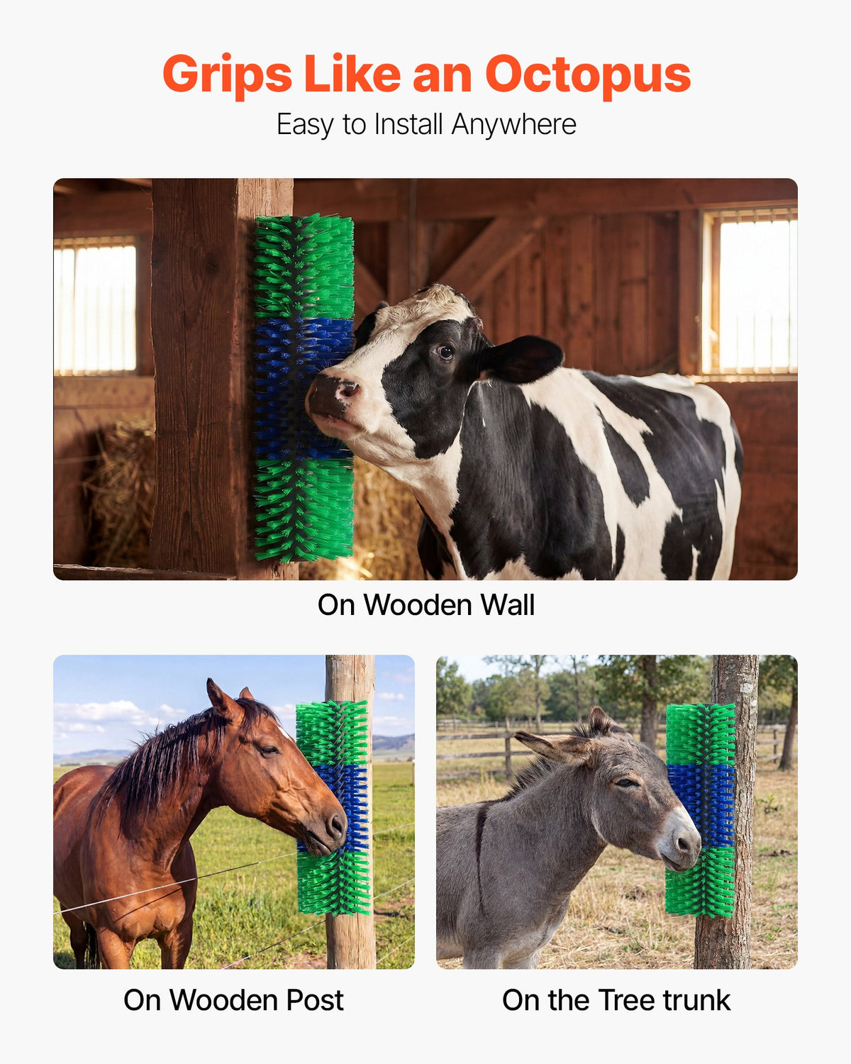 Livestock Scratching Brush, 2PCS Goat Scratcher Brush Post with 8 Screws, 430 x 190 mm Cow Scratcher for Back Itch Relief, Massage Grooming Scratch Tool for Horse Cattle Sheep Pig, Green & Blue