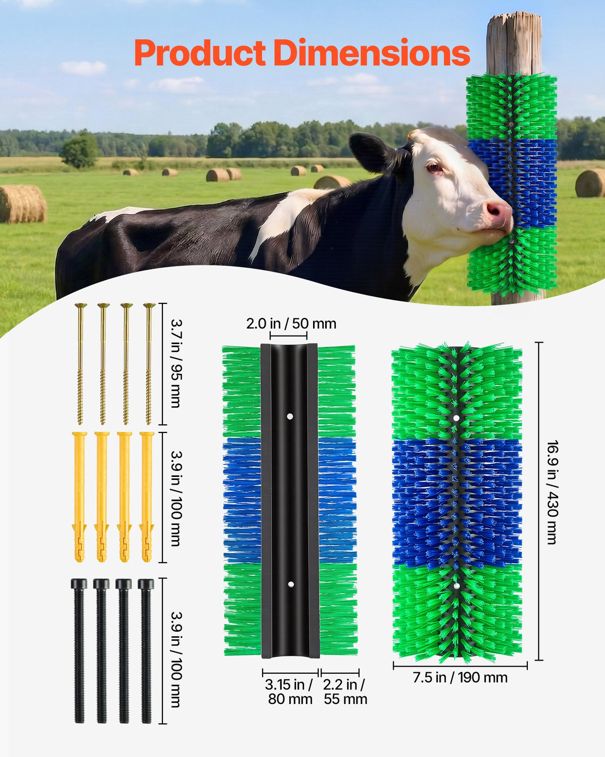 Livestock Scratching Brush, 2PCS Goat Scratcher Brush Post with 8 Screws, 430 x 190 mm Cow Scratcher for Back Itch Relief, Massage Grooming Scratch Tool for Horse Cattle Sheep Pig, Green & Blue