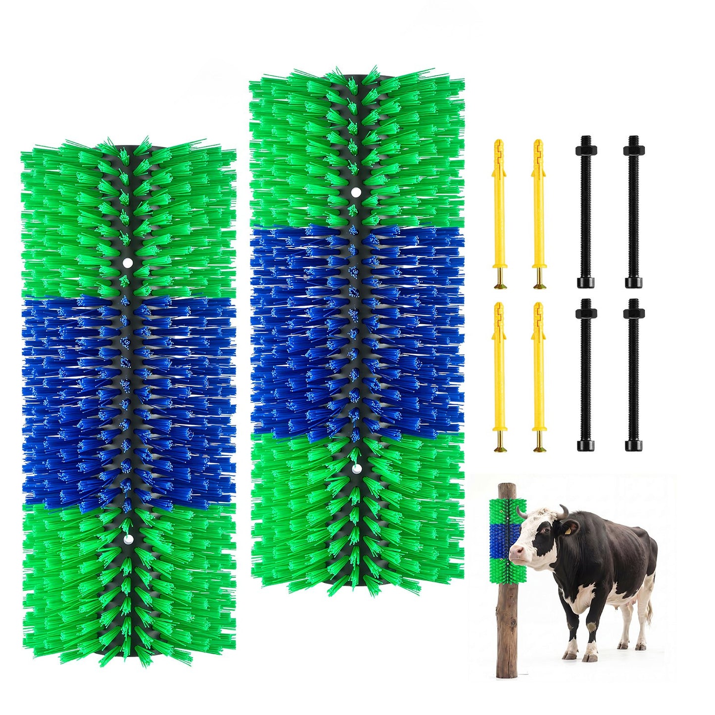 Livestock Scratching Brush, 2PCS Goat Scratcher Brush Post with 8 Screws, 430 x 190 mm Cow Scratcher for Back Itch Relief, Massage Grooming Scratch Tool for Horse Cattle Sheep Pig, Green & Blue