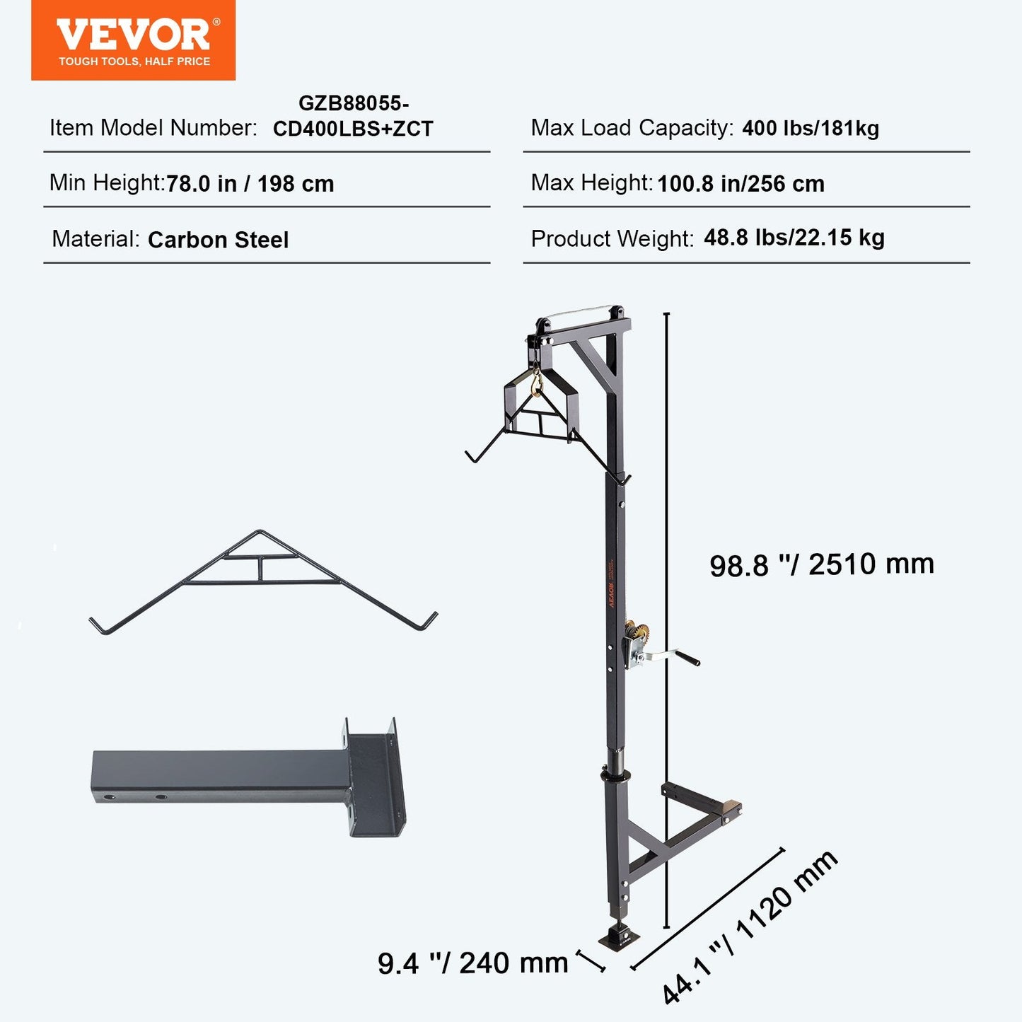 Hitch-Mounted Game Hoist with Winch, 181 kg Capacity, Adjustable & Swivel Function