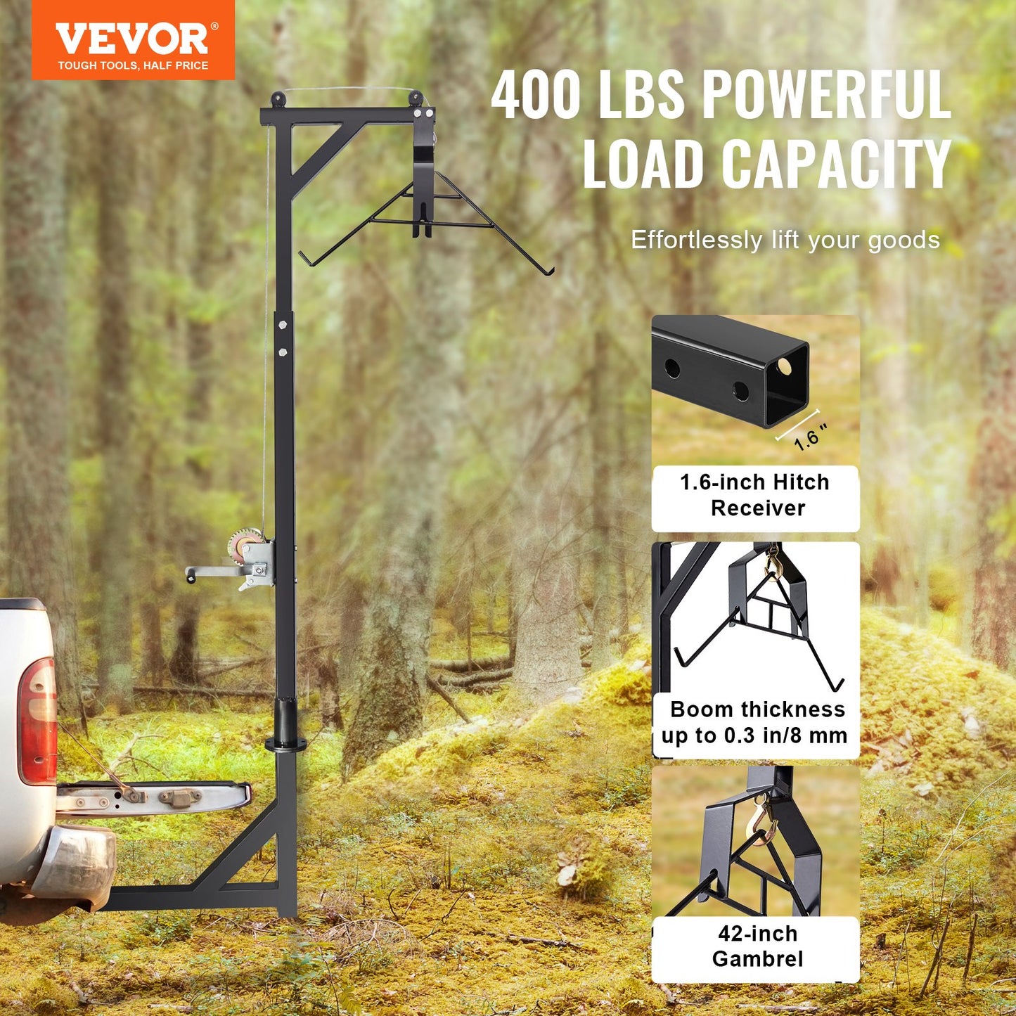 VEVOR Hitch Mounted Deer Hoist, 400 lbs Load Capacity, Hitch Game Hoist, Truck Hitch