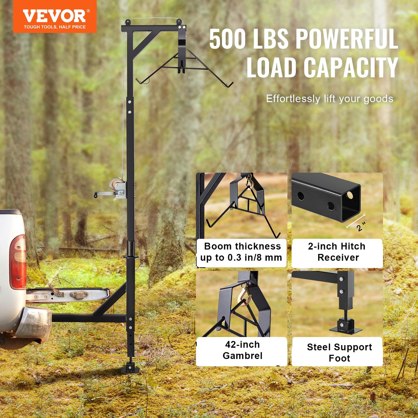 VEVOR Hitch Mounted Deer Hoist, 500 lbs Load Capacity, Hitch Game Hoist, Truck Hitch