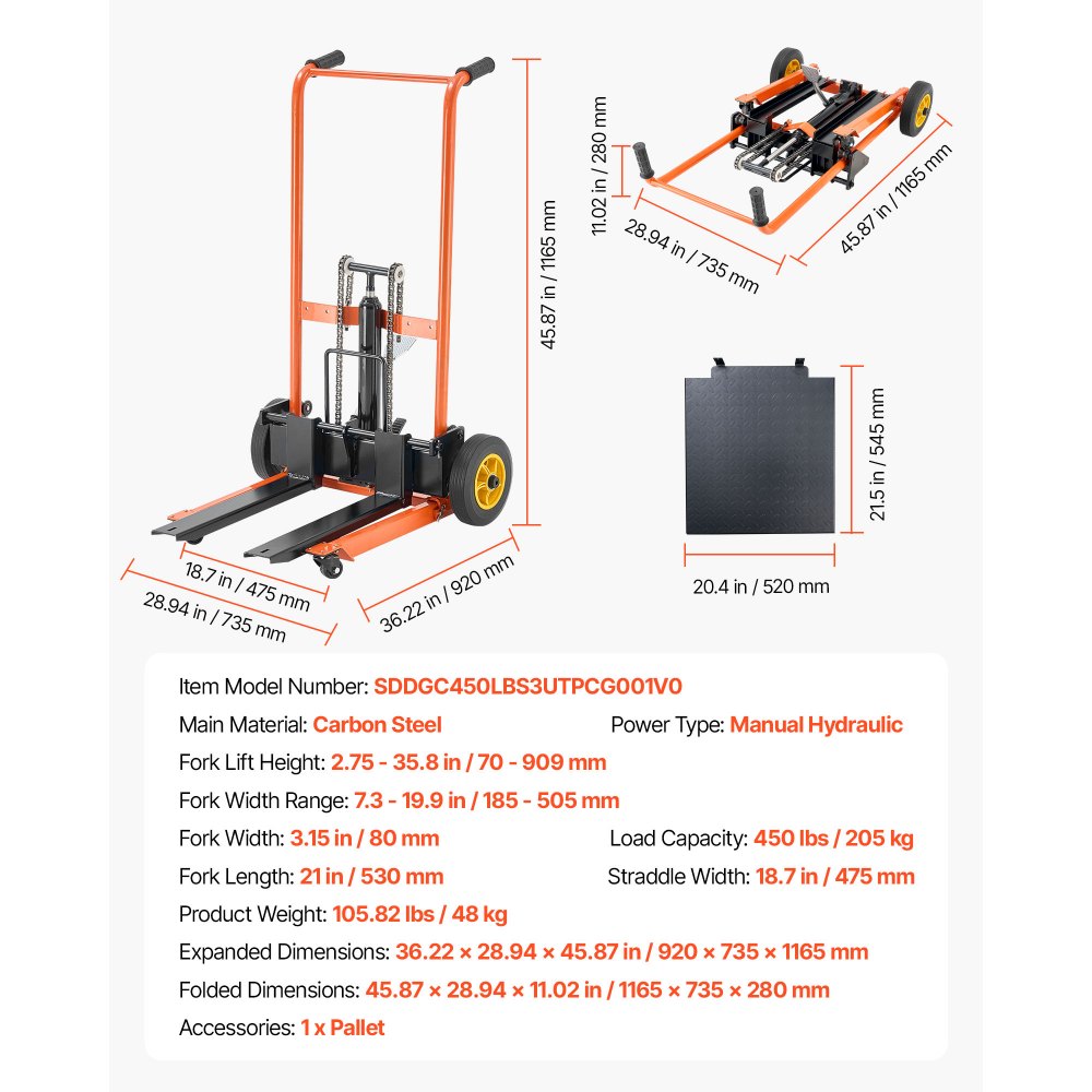VEVOR Material Lift Winch Stacker 205 kg Pallet Truck Dolly 900 mm Lift