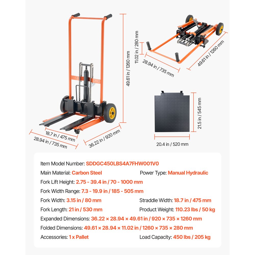 VEVOR Material Lift Winch Stacker 205 kg Pallet Truck Dolly 1000 mm Lift