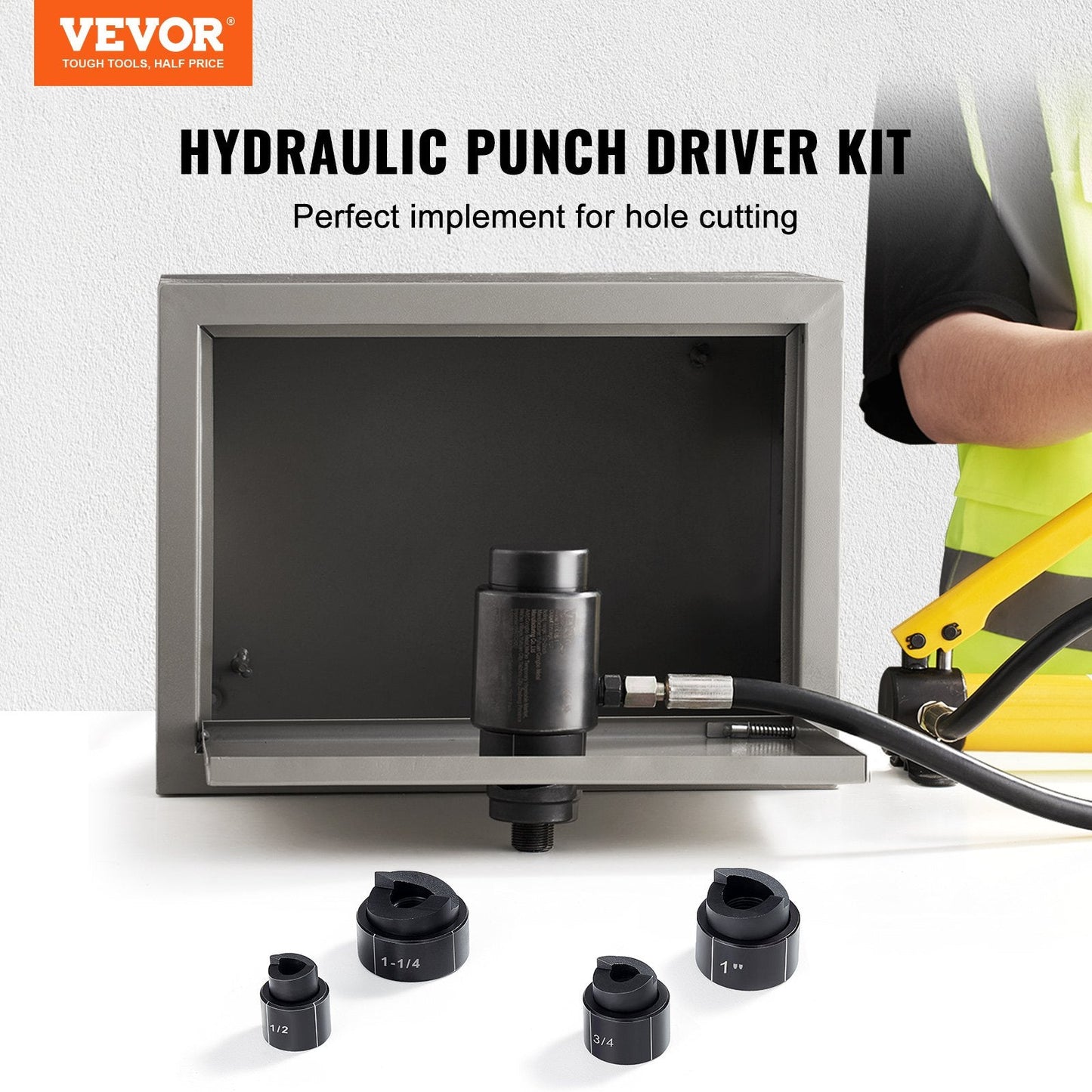 Hydraulic Knockout Punch Kit, 4 Sizes: 0.012m to 0.032m, Metal & Plastic Use