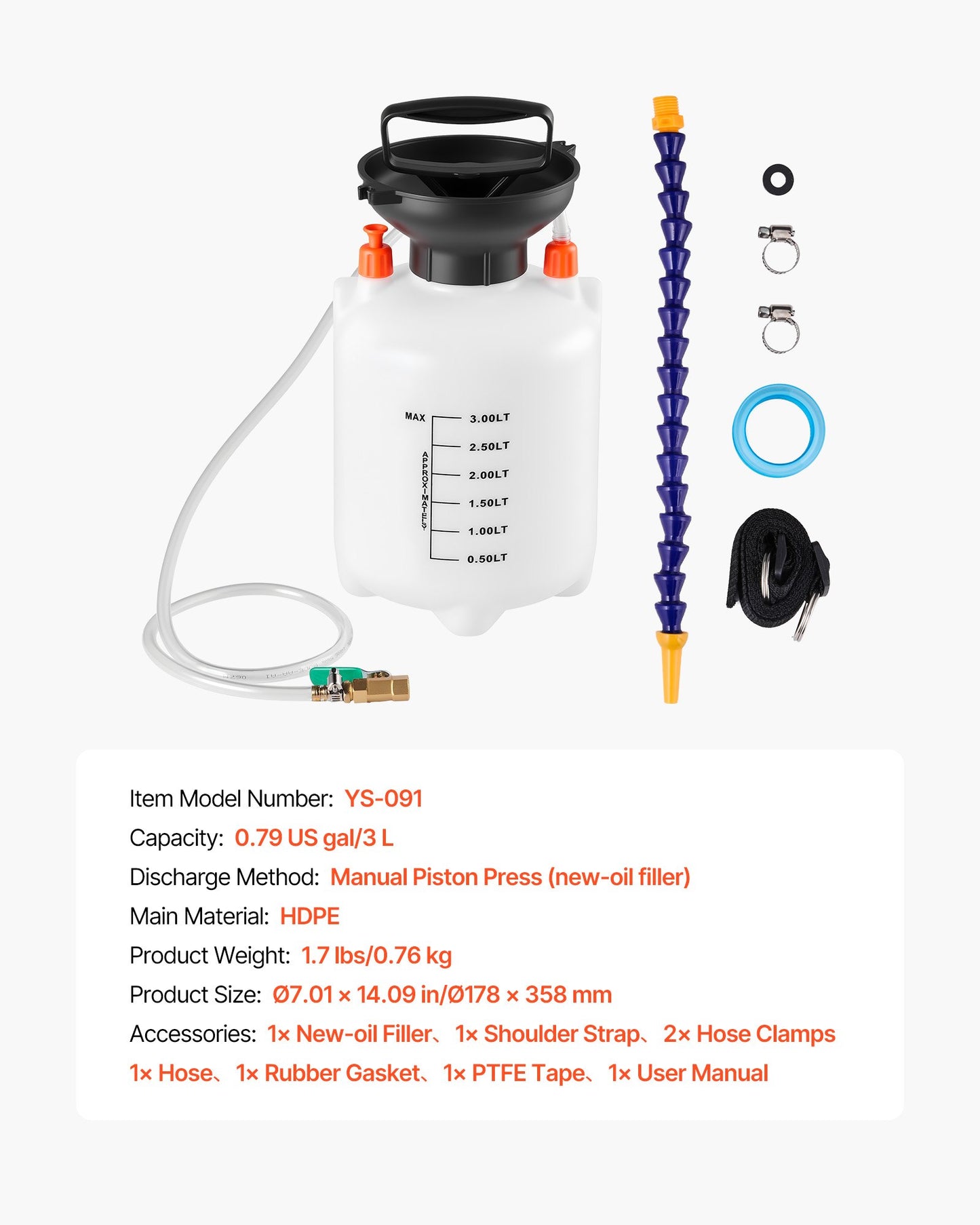 Transmission Fluid Pump, 3 L Capacity, Manual Fluid Transfer Pump with 120 cm Long Horse & HDPE Tank, Transmission Oil Pump with PTFE Tape, Manual Automotive Oil Filling System