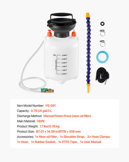 Transmission Fluid Pump, 3 L Capacity, Manual Fluid Transfer Pump with 120 cm Long Horse & HDPE Tank, Transmission Oil Pump with PTFE Tape, Manual Automotive Oil Filling System