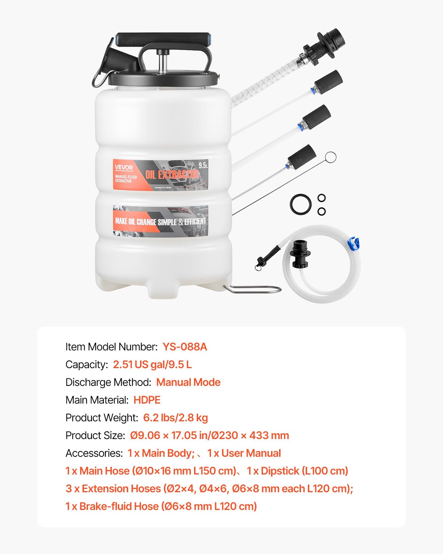 Fluid Extractor, 9.5 L Capacity, Manual Vacuum Fluid Extractor with 150 cm Long Horse and Three 120 cm Extension Tubes, Oil Change Pump with HDPE Tank for Cars, Lawn Mowers, Boats