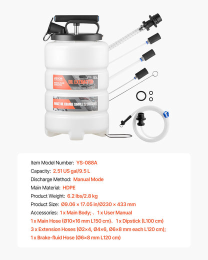 Fluid Extractor, 9.5 L Capacity, Manual Vacuum Fluid Extractor with 150 cm Long Horse and Three 120 cm Extension Tubes, Oil Change Pump with HDPE Tank for Cars, Lawn Mowers, Boats