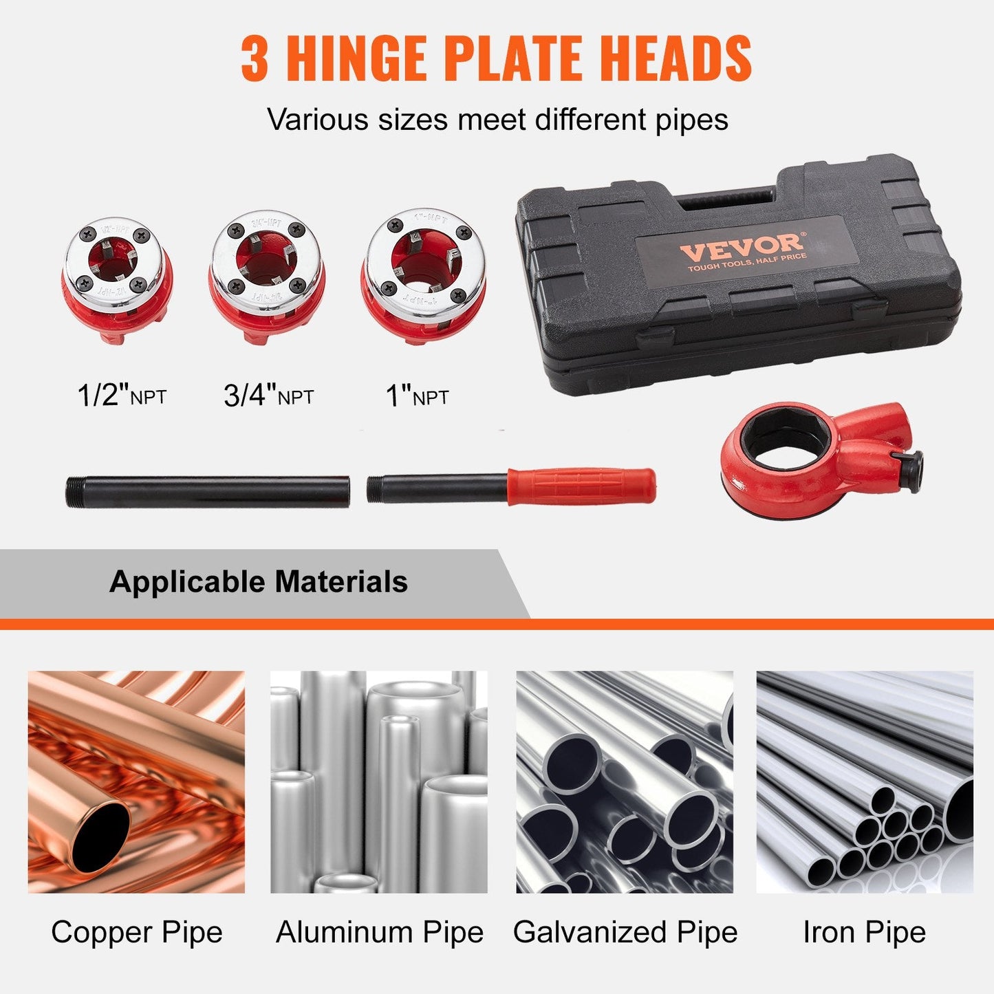 Manual Ratcheting Pipe Threader Kit with 3 NPT Dies and Storage Case