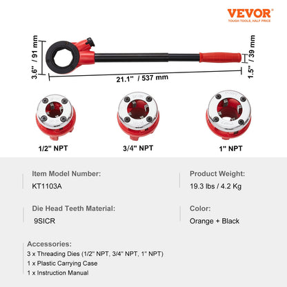 VEVOR Ratchet Pipe Threader Kit, 1/2" NPT, 3/4" NPT, 1" NPT Manual Ratcheting Pipe