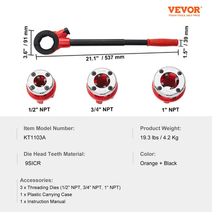 Manual Ratcheting Pipe Threader Kit with 3 NPT Dies and Storage Case