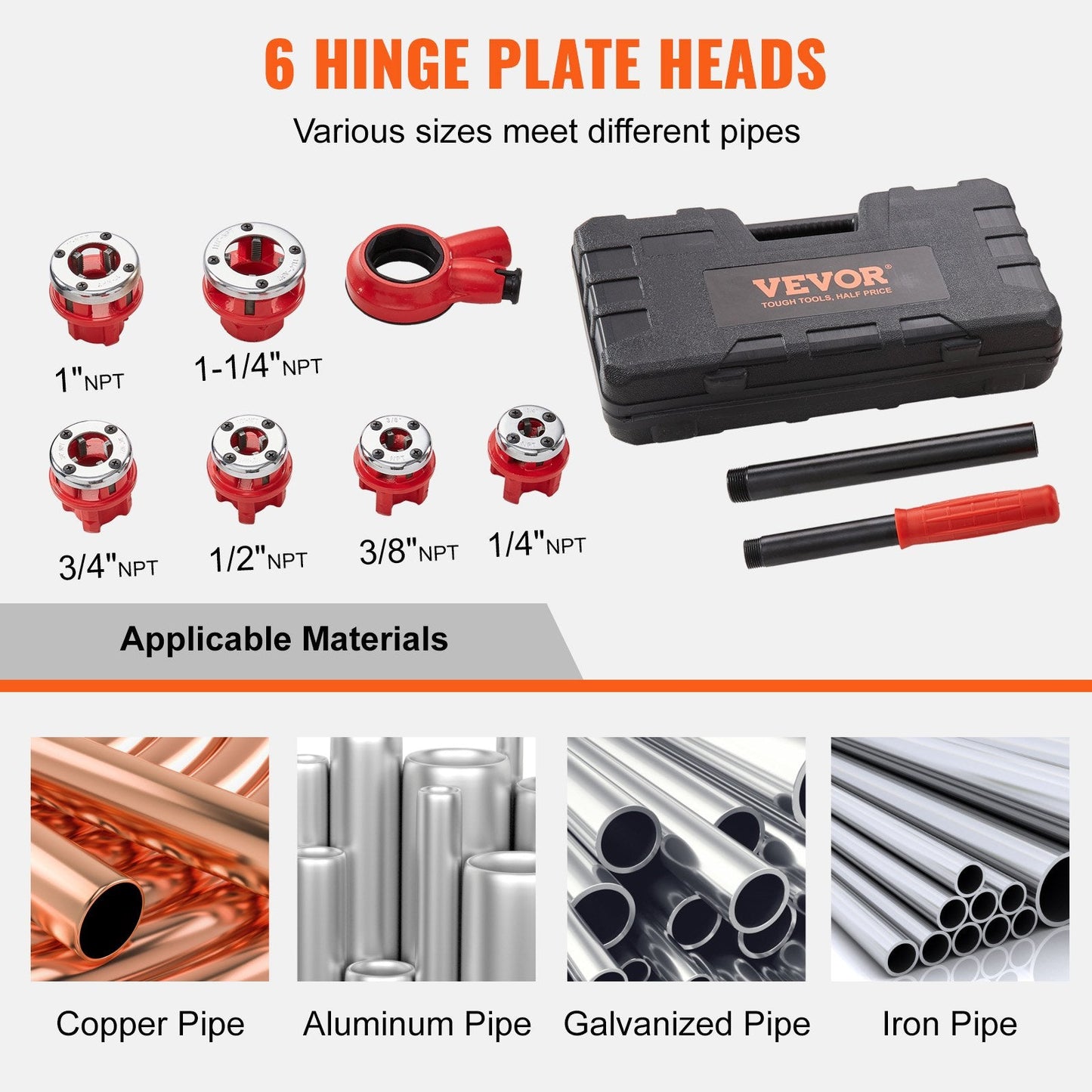 Manual Ratchet Pipe Threader Kit with 6 NPT Dies, 1/4m to 1-1/4m Range