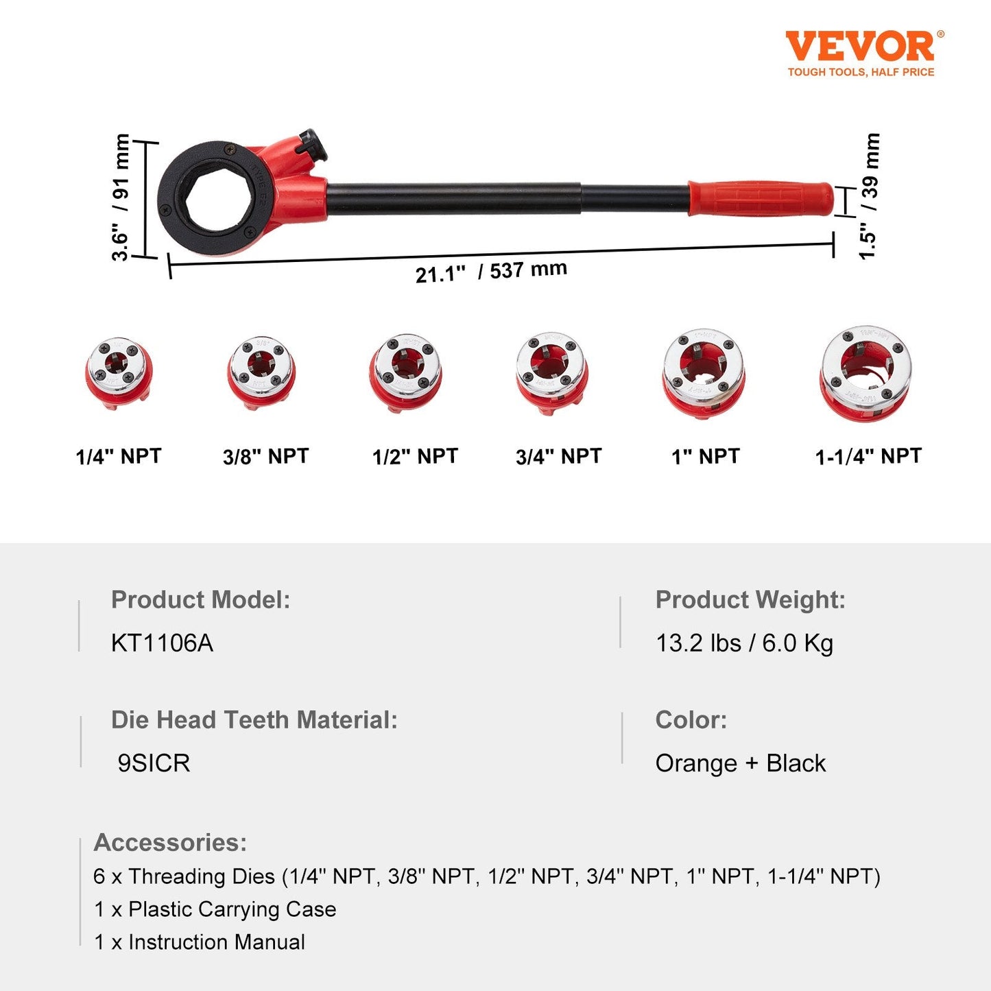 Manual Ratchet Pipe Threader Kit with 6 NPT Dies, 1/4m to 1-1/4m Range