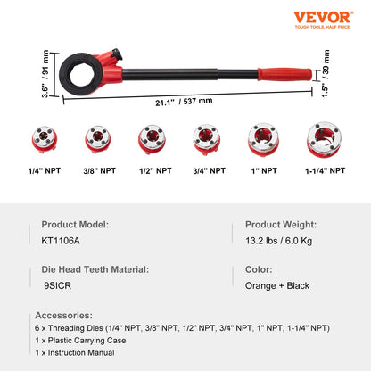 VEVOR Ratchet Pipe Threader Kit, 1/4" NPT - 1-1/4" NPT Manual Ratcheting Pipe Threader,