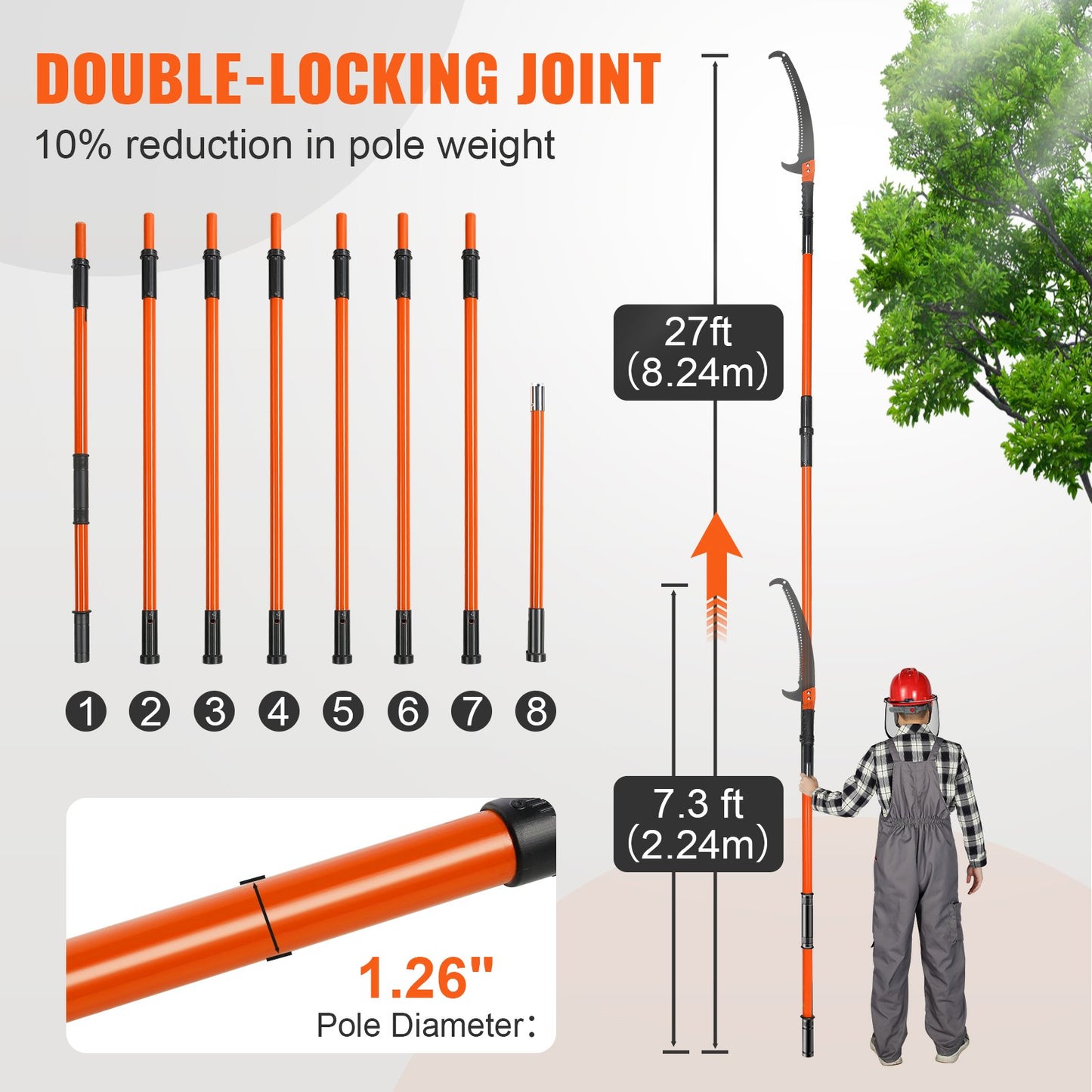 VEVOR Manual Pole Saw, 2.24 m-8.24 m Extendable Tree Pruner, Sharp Steel Blade High