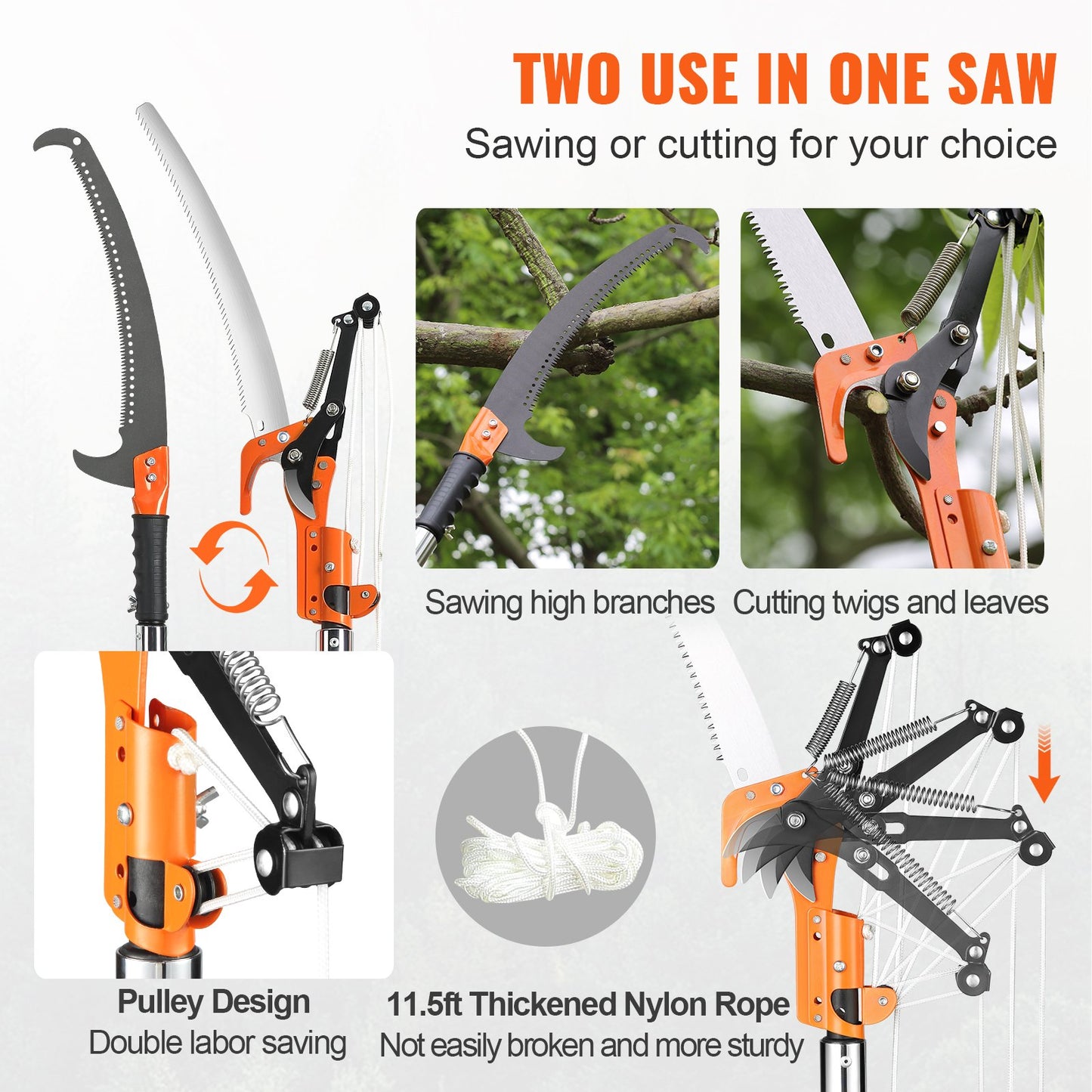 VEVOR Manual Pole Saw, 2.24 m-8.24 m Extendable Tree Pruner, Sharp Steel Blade and