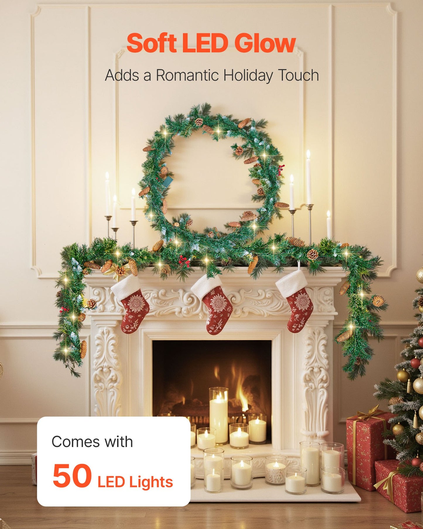 Christmas Garland, 2750mm Artificial Christmas Garland with Light String, Faux Greenery Decoration with Berry Clusters, Pine Needles, Pine Cones, Realistic Xmas Collection for Mantel Fireplace