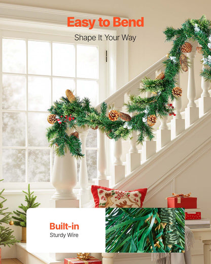 Christmas Garland, 2750mm Artificial Christmas Garland with Light String, Faux Greenery Decoration with Berry Clusters, Pine Needles, Pine Cones, Realistic Xmas Collection for Mantel Fireplace