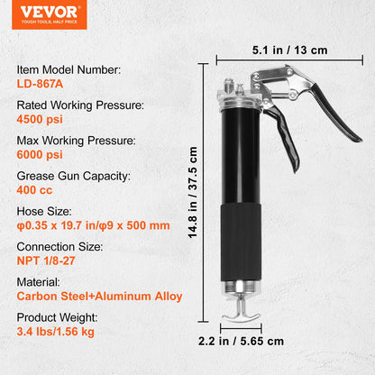 VEVOR Pistol Grip Grease Gun, 6000 PSI, 14 OZ / 400 CC Capacity Heavy Duty Professional