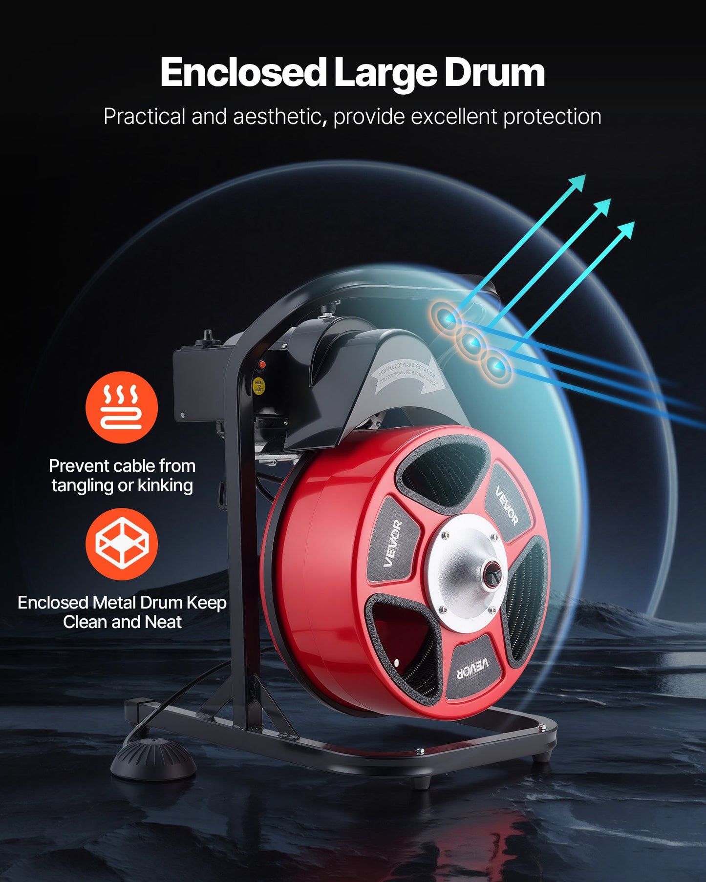 Drain Cleaner Machine 15m x 13mm, Manual Feed Sewer Snake Auger with 4 Cutters & Air-Activated Foot Switch for 50mm to 150mm Pipes