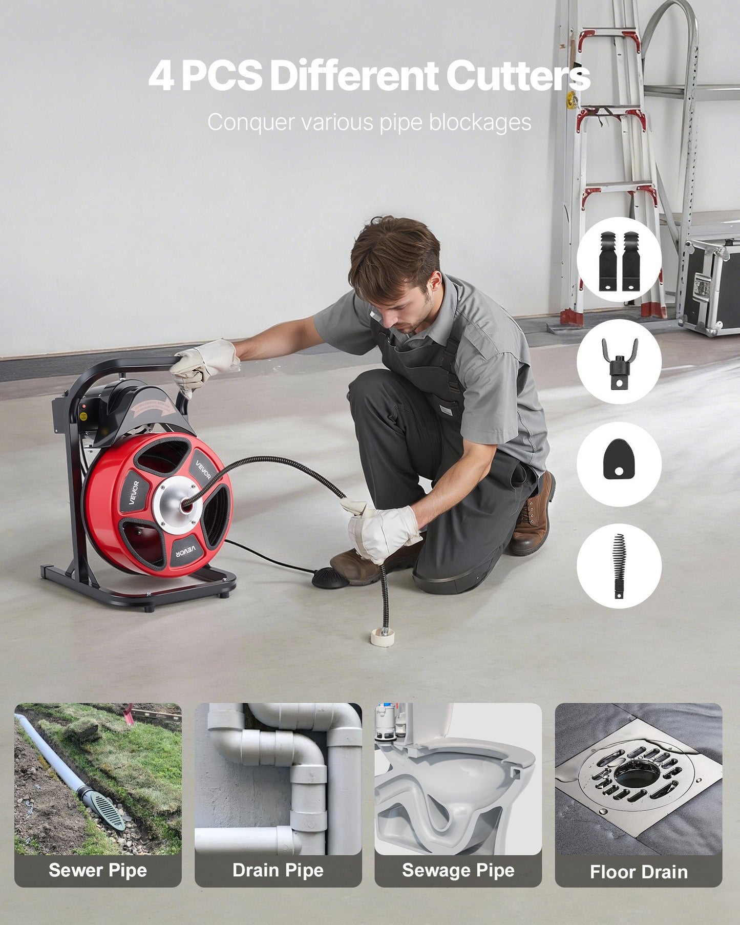 Drain Cleaner Machine 15m x 13mm, Manual Feed Sewer Snake Auger with 4 Cutters & Air-Activated Foot Switch for 50mm to 150mm Pipes