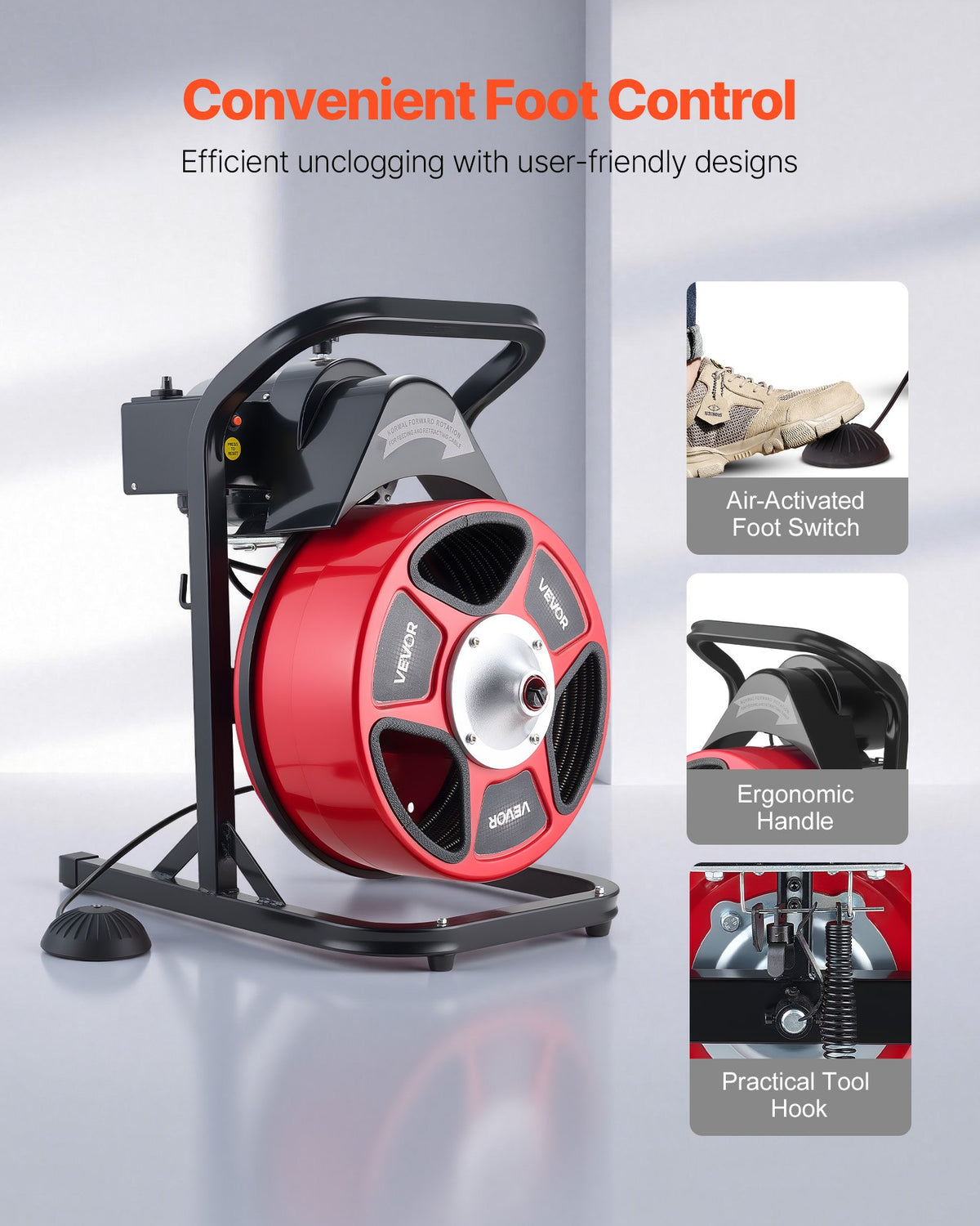 Drain Cleaner Machine 15m x 13mm, Manual Feed Sewer Snake Auger with 4 Cutters & Air-Activated Foot Switch for 50mm to 150mm Pipes