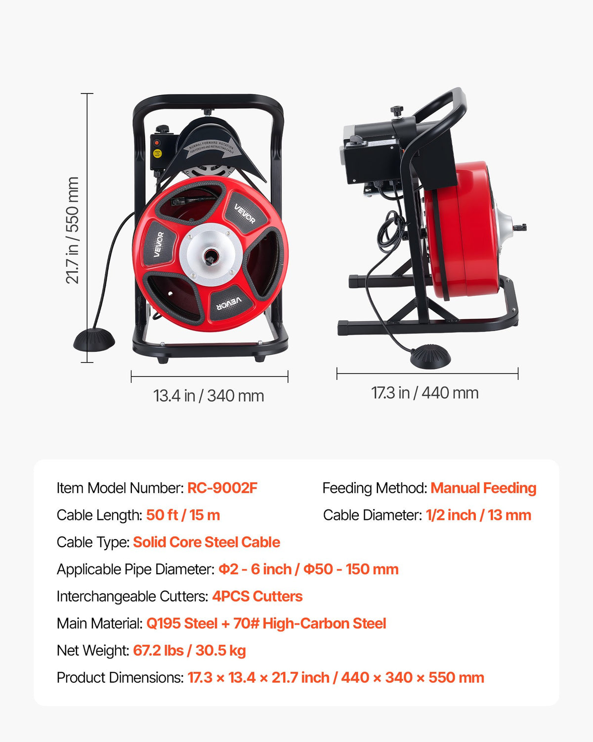 Drain Cleaner Machine 15m x 13mm, Manual Feed Sewer Snake Auger with 4 Cutters & Air-Activated Foot Switch for 50mm to 150mm Pipes