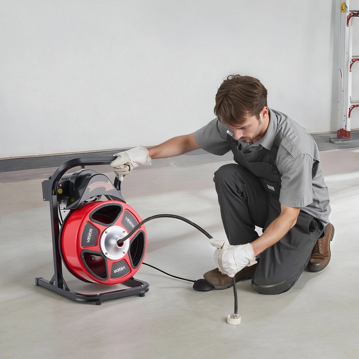 Drain Cleaner Machine 15m x 13mm, Manual Feed Sewer Snake Auger with 4 Cutters & Air-Activated Foot Switch for 50mm to 150mm Pipes