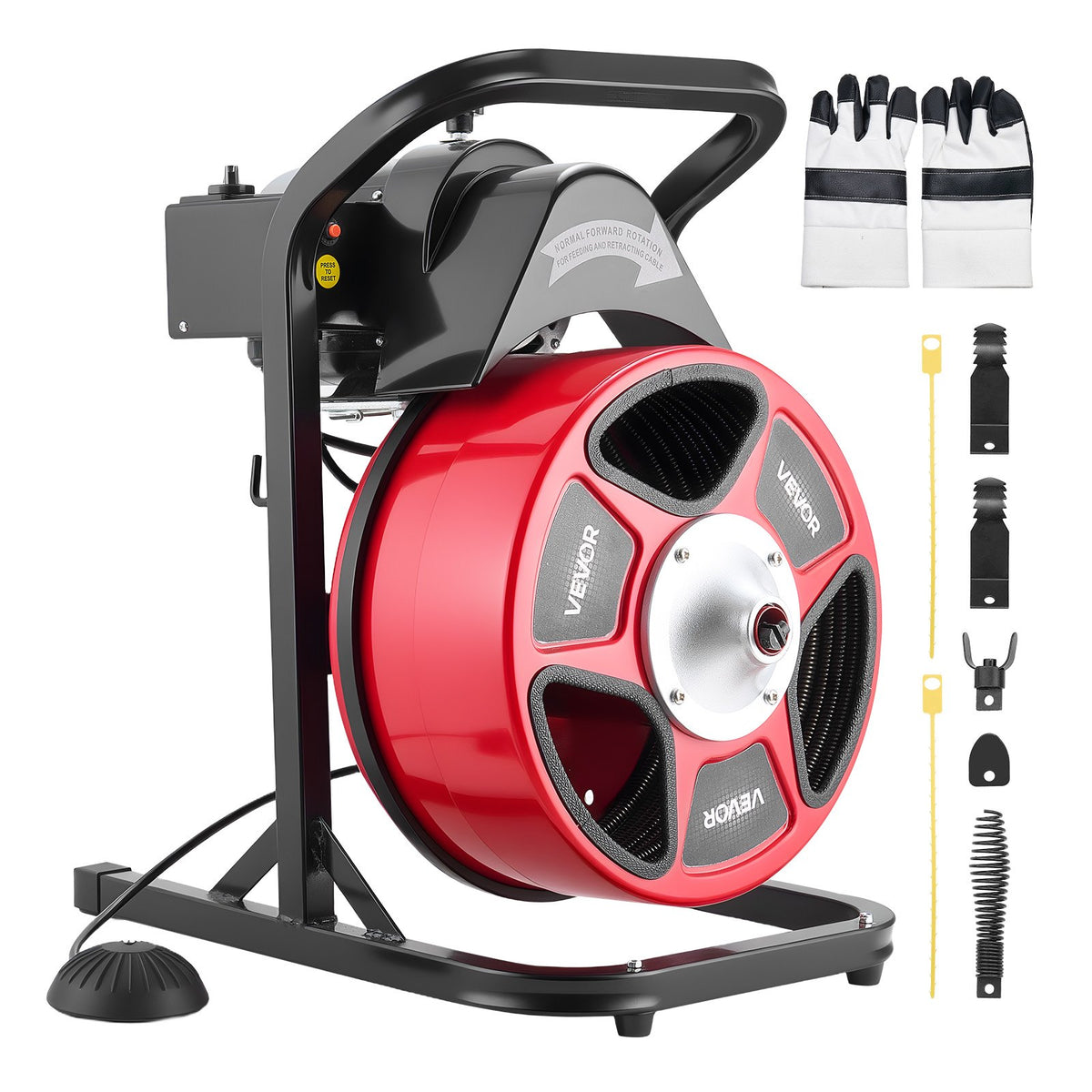Drain Cleaner Machine 15m x 13mm, Manual Feed Sewer Snake Auger with 4 Cutters & Air-Activated Foot Switch for 50mm to 150mm Pipes
