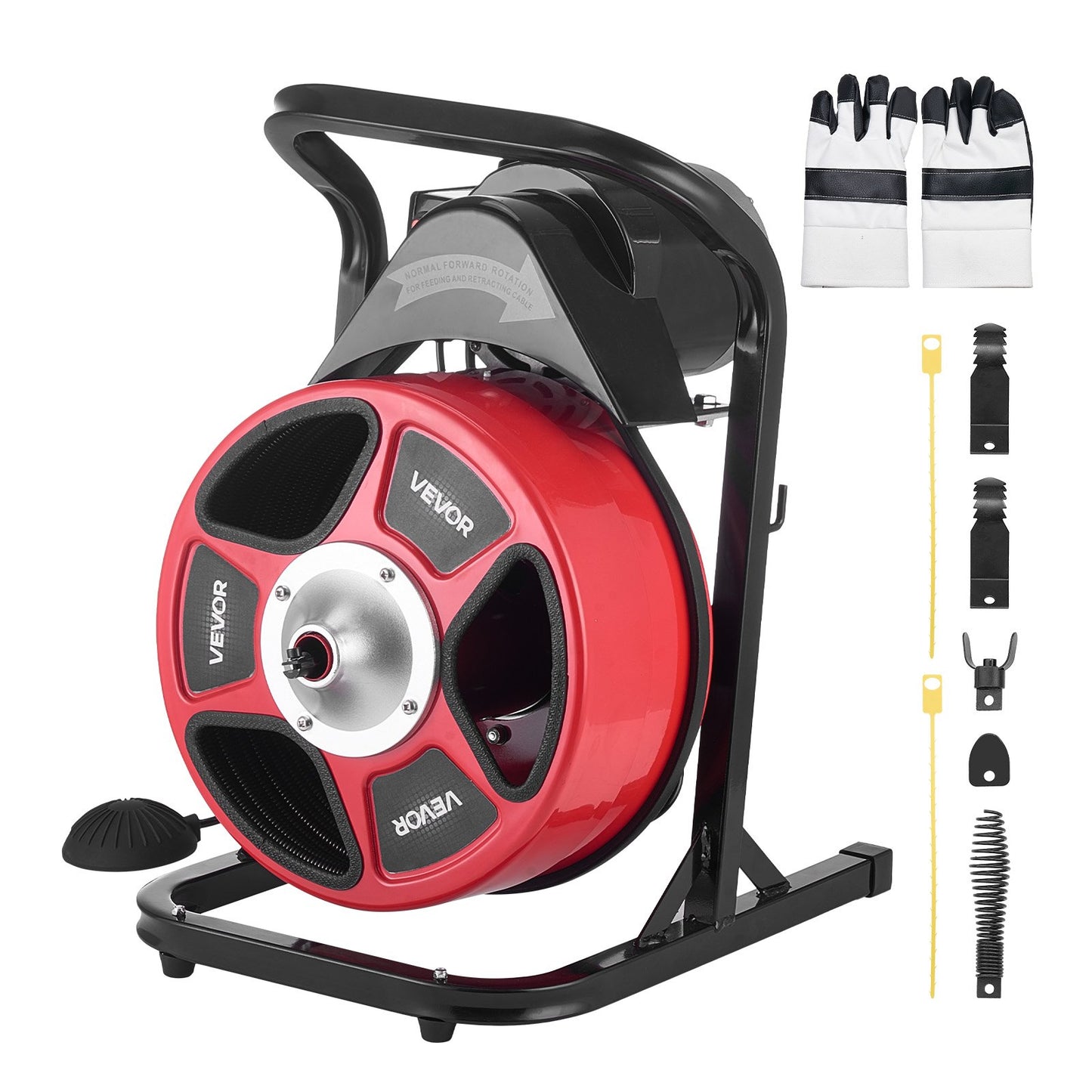 Drain Cleaner Machine 15m x 13mm, Manual Feed Sewer Snake Auger with 4 Cutters & Air-Activated Foot Switch for 50mm to 150mm Pipes