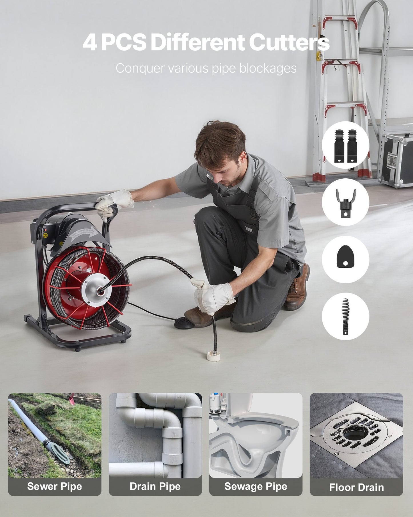 Drain Cleaner Machine 23m x 13mm, Sewer Snake Auger Manual Feed with 4 Cutters & Air-activated Foot Switch for 50mm to 150mm Pipes