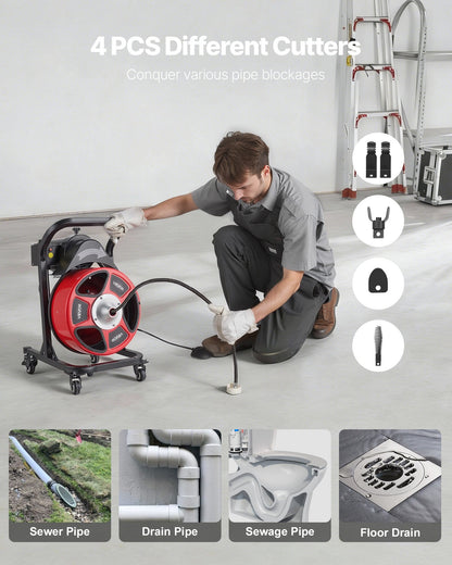 Drain Cleaner Machine 15m x 13mm, Manual Feed Sewer Snake Auger on Wheels - with 4 Cutters & Air-activated Foot Switch for 50mm to 150mm Pipes