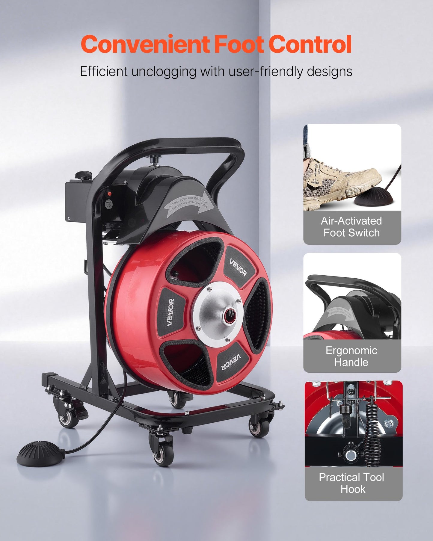Drain Cleaner Machine 15m x 13mm, Manual Feed Sewer Snake Auger on Wheels - with 4 Cutters & Air-activated Foot Switch for 50mm to 150mm Pipes